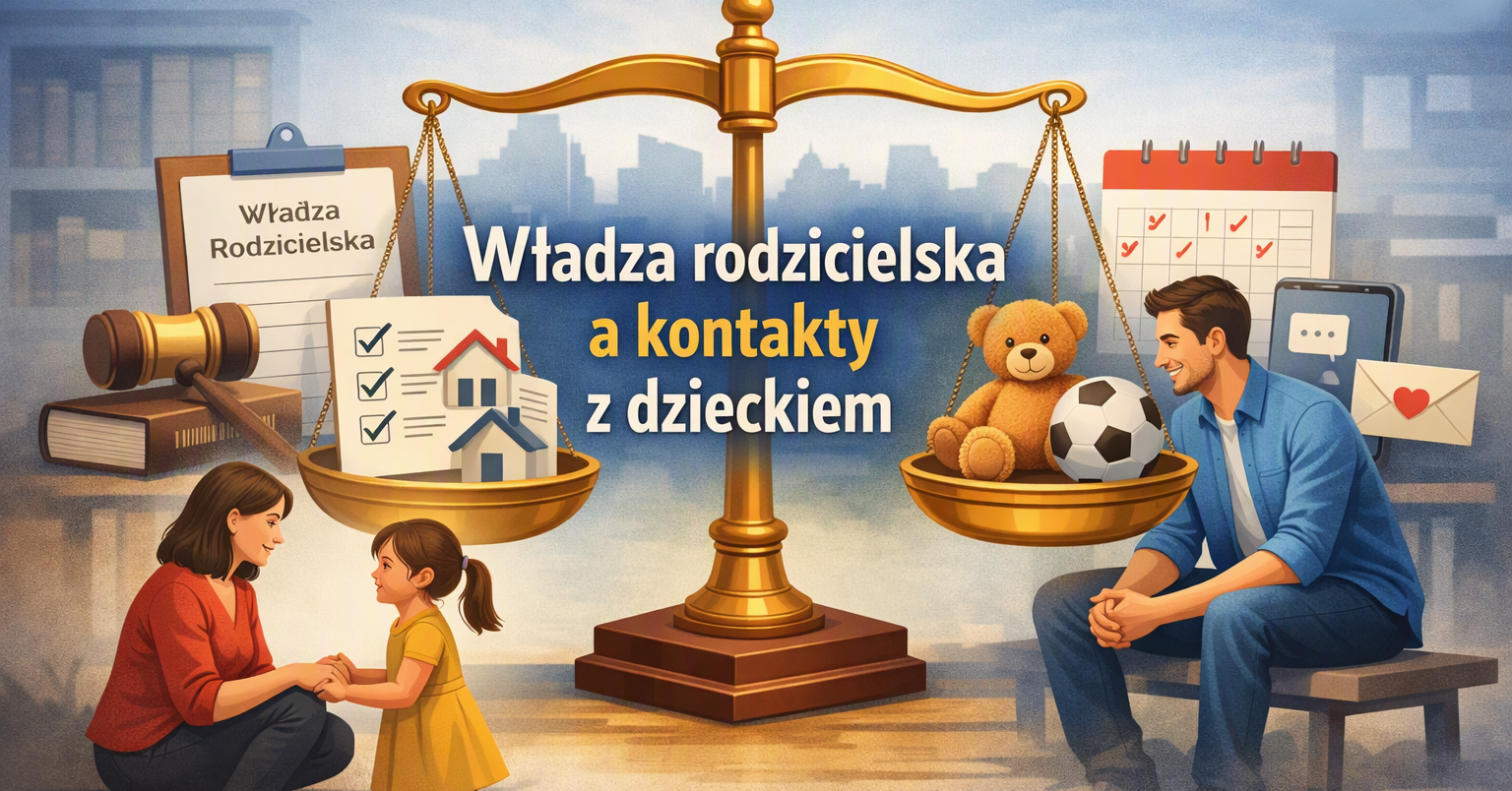 Grafika prawnicza – władza rodzicielska i kontakty z dzieckiem, matka z córką, ojciec z synem, symboliczna waga
