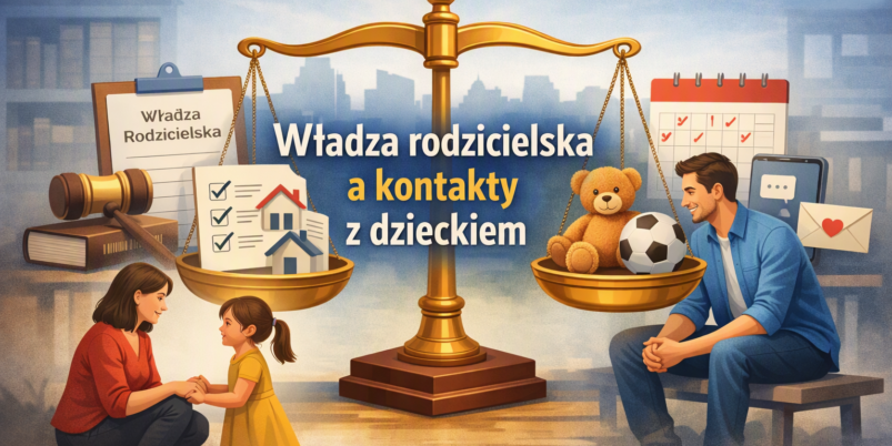 Grafika prawnicza – władza rodzicielska i kontakty z dzieckiem, matka z córką, ojciec z synem, symboliczna waga