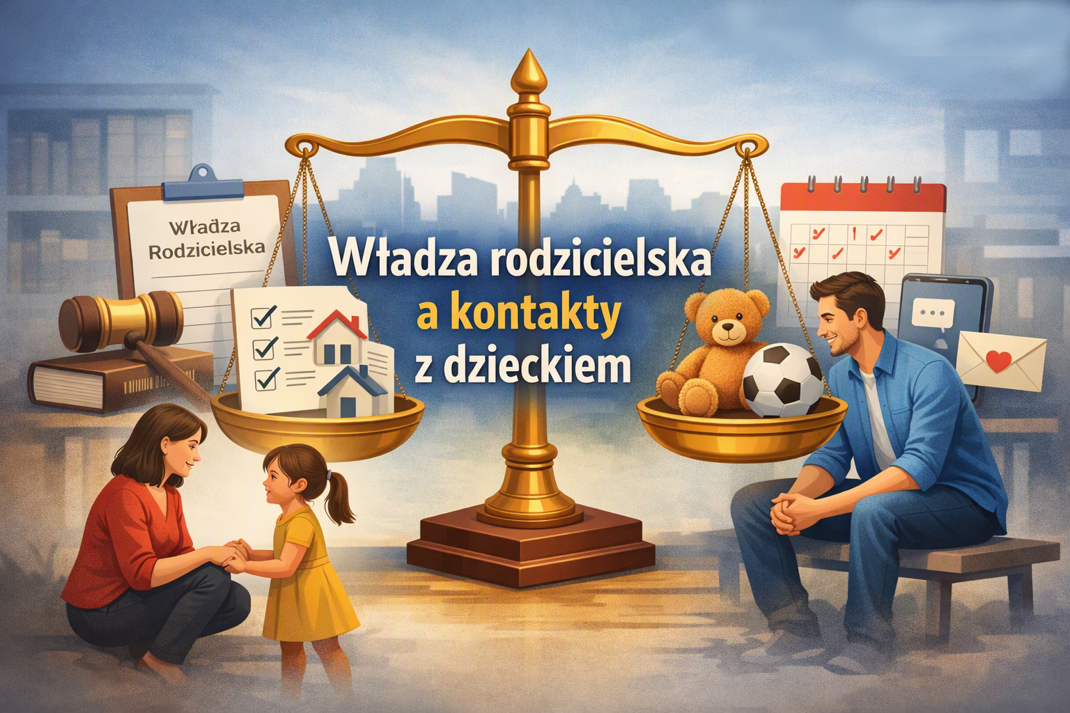 Grafika prawnicza – władza rodzicielska i kontakty z dzieckiem, matka z córką, ojciec z synem, symboliczna waga