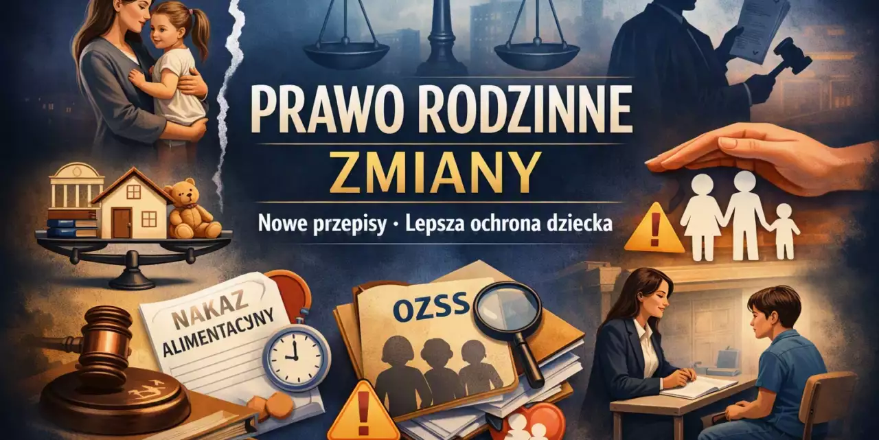 Grafika przedstawiająca zmiany w prawie rodzinnym: piecza współdzielona, szybkie alimenty, rozwód bez orzekania o winie oraz rola kuratora i OZSS.