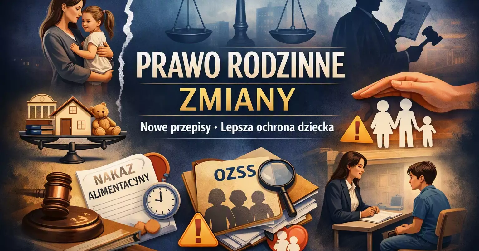 Grafika przedstawiająca zmiany w prawie rodzinnym: piecza współdzielona, szybkie alimenty, rozwód bez orzekania o winie oraz rola kuratora i OZSS.