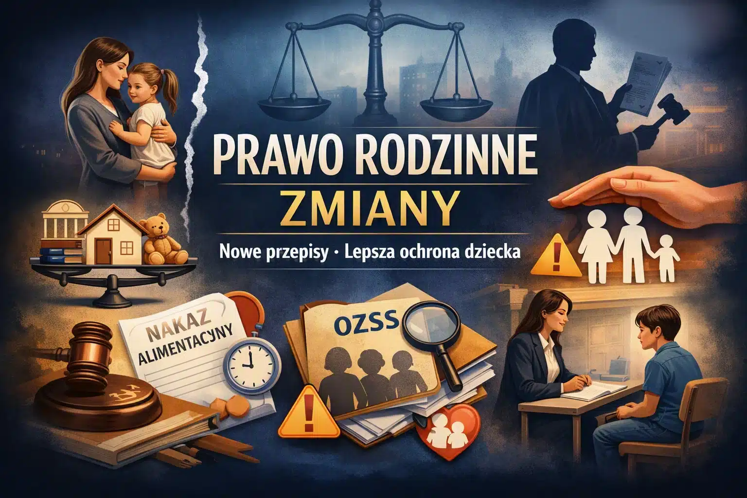 Grafika przedstawiająca zmiany w prawie rodzinnym: piecza współdzielona, szybkie alimenty, rozwód bez orzekania o winie oraz rola kuratora i OZSS.